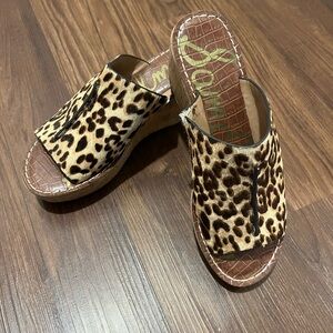 Women's Sam Edelman Leopard Print Calf Hair Cork Wedge Sandals 8.5 Brown/Beige